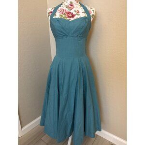 Vintage-Style Teal Polka Dot Anthropologie Halter Dress With Full Circle Skirt R